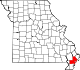 A state map highlighting Cape Girardeau County in the southeastern part of the state.